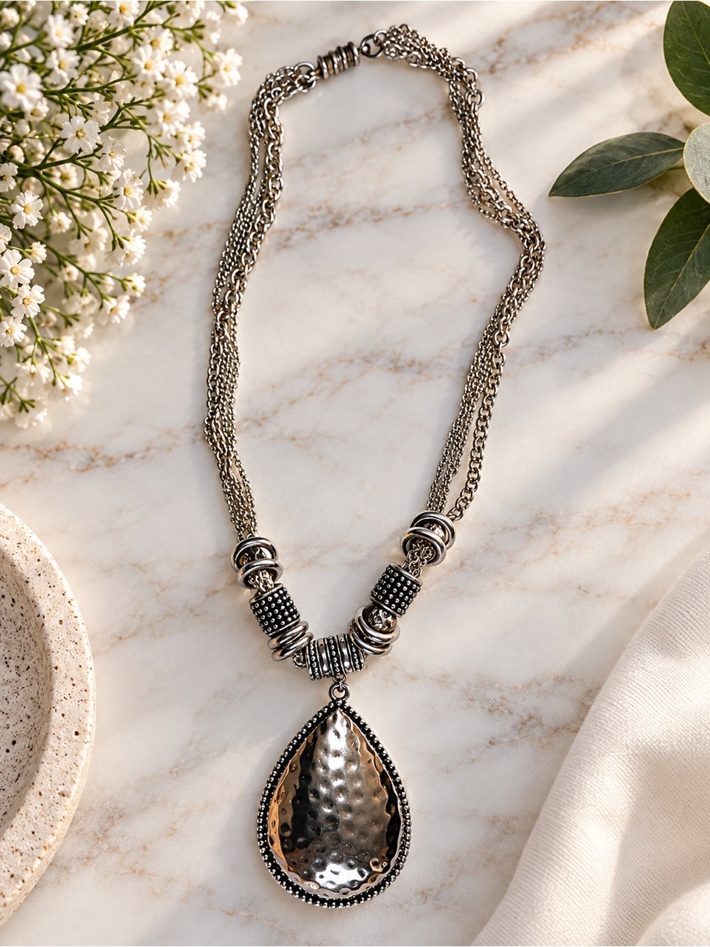 Silver-Tone Hammered Teardrop Pendant Necklace